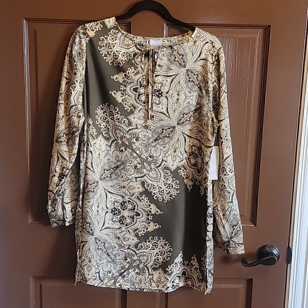 Chico's- Olive, Gold, Brown Paisley long sleeved shirt. Round neck Sz 1=8. NWT.